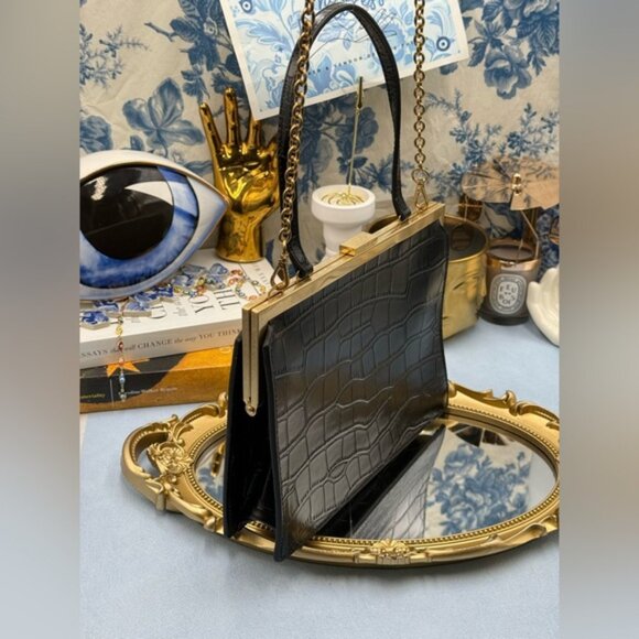 🆕 OROTON 🧿 NWOT Black Icon Frame Croco Clutch - Picture 4 of 16